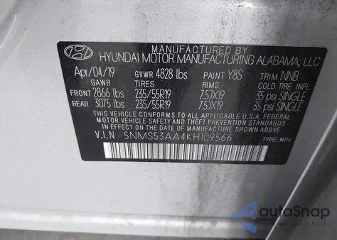 2019 Hyundai Santa Fe Ultimate 2.0T из США, поврежденный, VIN 5NMS53AA4KH109566